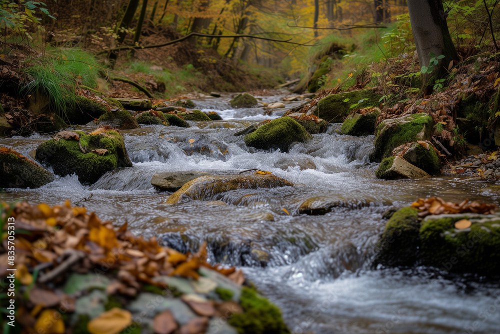 White water mountain stream with rocks, moss, leaves, and trees
White water mountain stream with rocks, moss, leaves, and trees