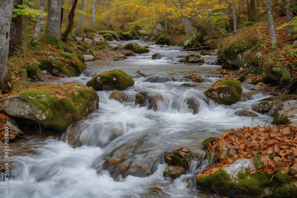 White water mountain stream with rocks, moss, leaves, and trees
White water mountain stream with rocks, moss, leaves, and trees