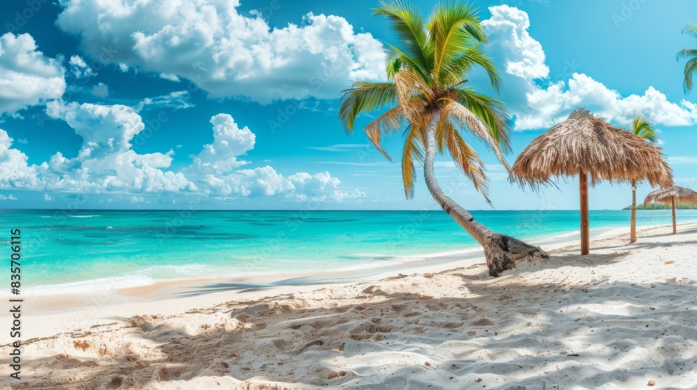 Panorama beautiful beach with white sand, turquoise ocean and blue sky with clouds on Sunny day. Panorama beautiful beach with white sand, turquoise ocean and blue sky with clouds on Sunny day.