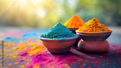 Colorful powders in pots on a table: vibrant pigments in various shades neatly arranged in containers.