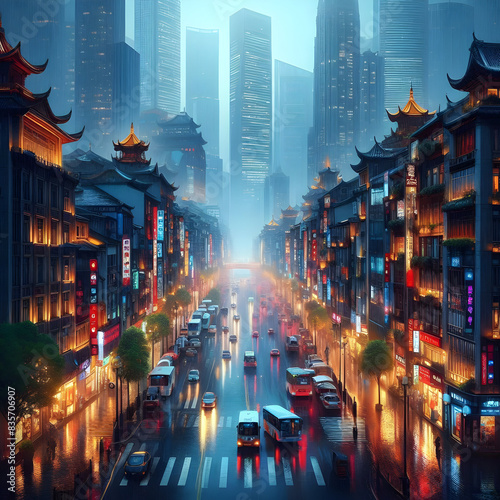 A very beautiful view of a city after rain at night with  lights burning,Rain Soaked City cape Under the Night Sky.