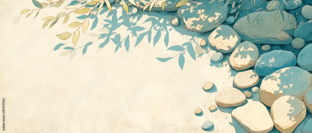 Obraz premium Sage Twig and Pebble Rocks on Sand - Serene Botanical Background