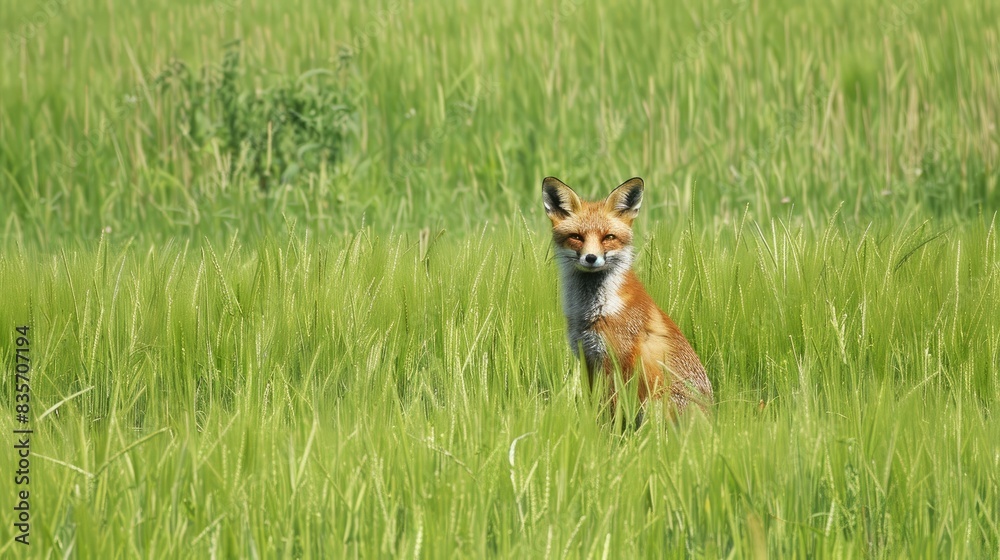 Naklejka premium A red fox sitting proudly in the vibrant green grass field