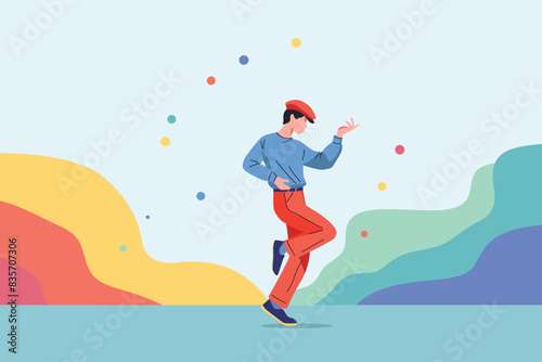 wonder and joy concept. boy guy man,  dancing alone on street, colours happy lifestyle. single - bachelor - introvert,  minimal flat vector. cartoon illustration 