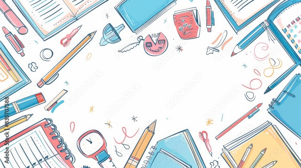 School stationery isolated around blank white checkered copy space background with doodles style School stationery isolated around blank white checkered copy space background with doodles style