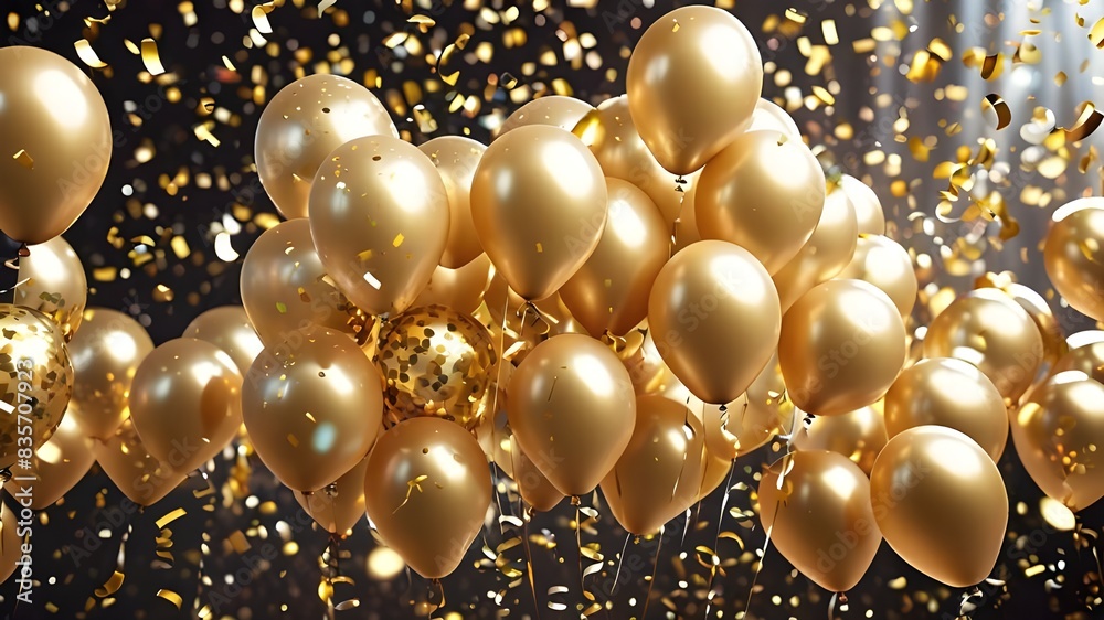 Celebration background with confetti and gold balloons Celebration background with confetti and gold balloons