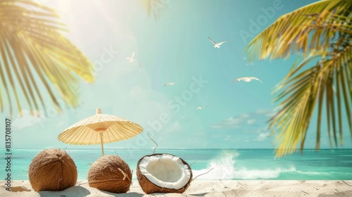 A coastal sandy beach with a fresh coconut and beach umbrella against a blue ocean background  symbolizing the tropical summer holiday concept