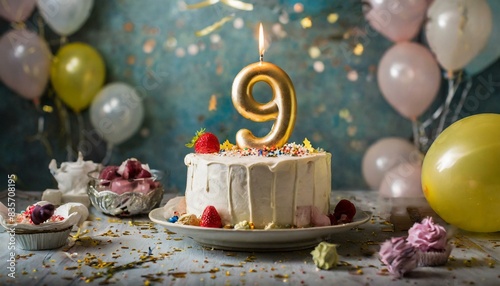 Number 9 candle on a two birthday or anniversary cake celebration with balloons and party