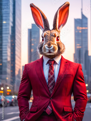 a rabbit looking dapper in a red suit and tie .photo is perfect for illustrating themes of business  fashion  or anthropomorphic animals