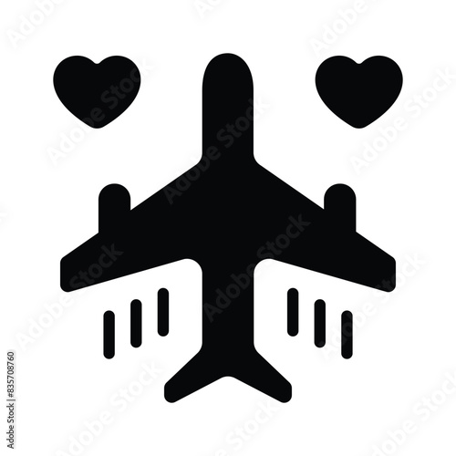 Airplane with heart denoting icon of honeymoon travel, ready to use vector