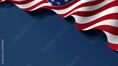 A wavy United States flag is showcased against a blank blue background, offering copyspace and representing the significance of 4th July, Veteran, and Memorial Day