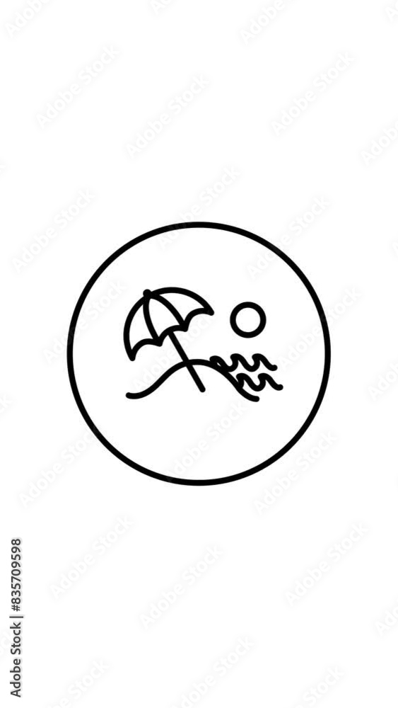 Beach, umbrella, water, sun and sand, black and white line icon vector illustration in a circle, for web use for vacations, beach trip, relaxation, vertical video animation, self drawing Beach, umbrella, water, sun and sand, black and white line icon vector illustration in a circle, for web use for vacations, beach trip, relaxation, vertical video animation, self drawing