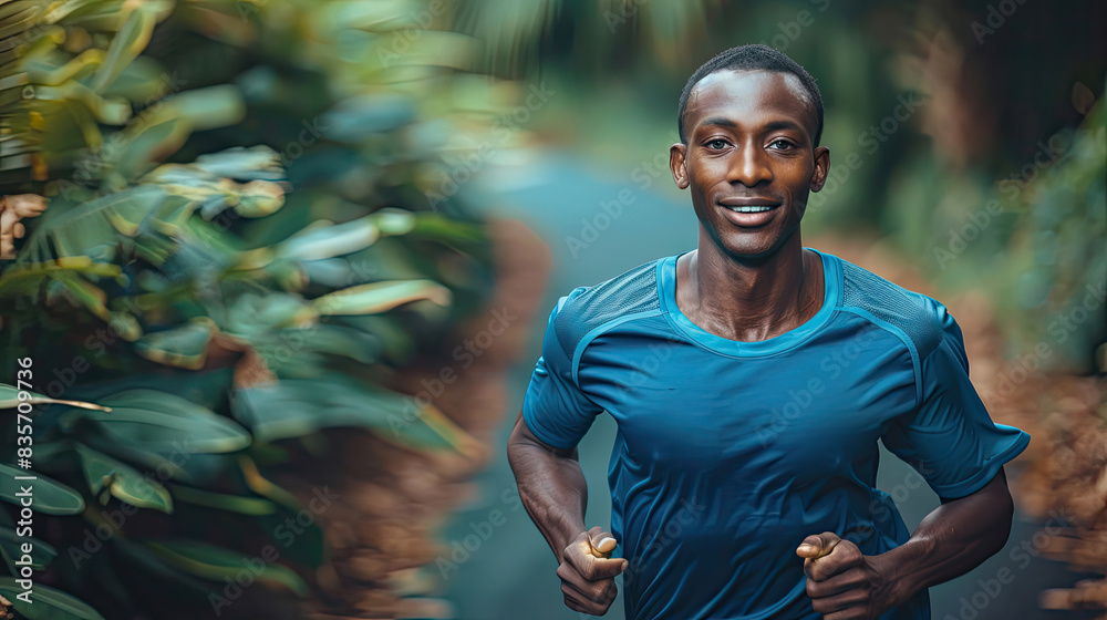 A man is running on a path with a blue shirt on. He is smiling and he is enjoying himself A man is running on a path with a blue shirt on. He is smiling and he is enjoying himself