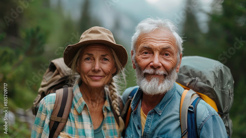 Portrait of senior man and woman with backpacks in a forest