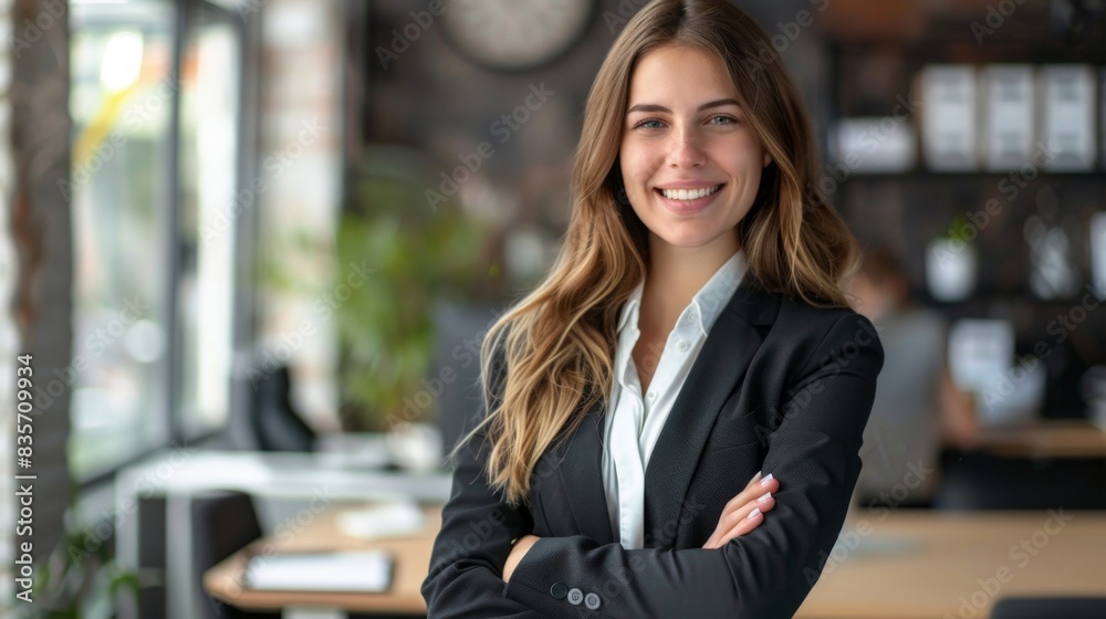 Young happy businesswoman with arms crossed standing int he office