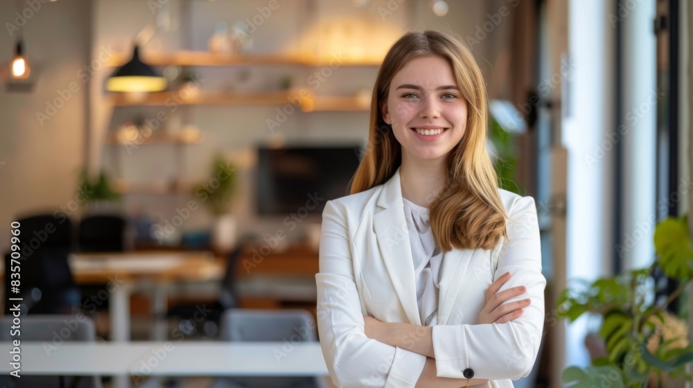 Young happy businesswoman with arms crossed standing int he office Young happy businesswoman with arms crossed standing int he office