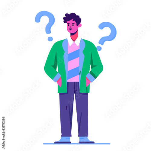 A set of vector images of a young man who is wondering. Flat illustrations depicting a person who doubts his choice. isolated with white background.