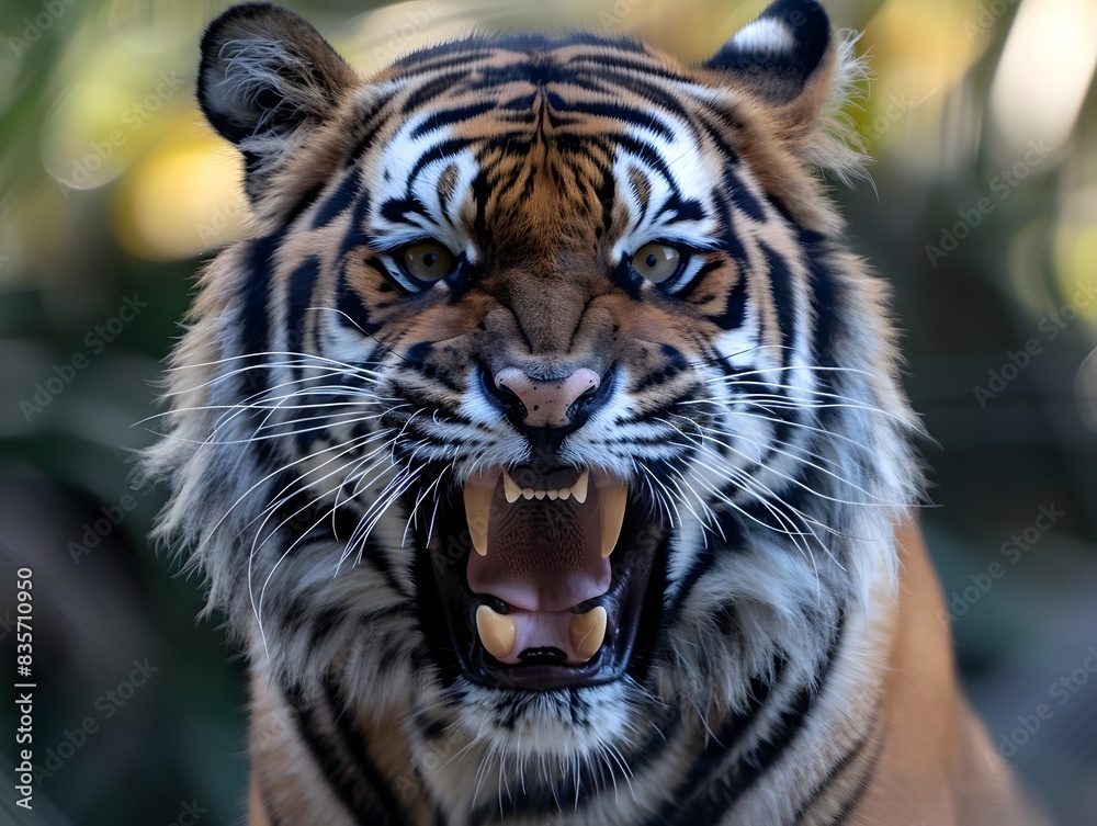 Naklejka premium Fierce Tiger Baring Its Fangs in a Formidable Portrait