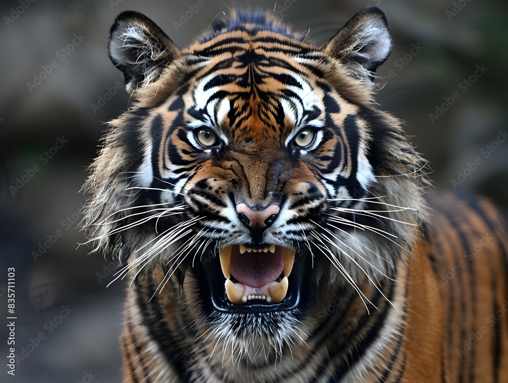 Fototapeta premium Fierce Tiger Face Baring Fangs