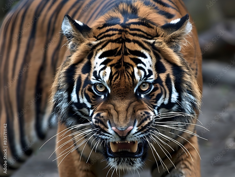 Obraz premium Fierce Tigers Face Baring Formidable Fangs