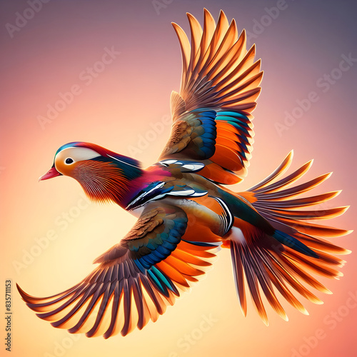 Beautiful Mandarin Duck Flying into the Sunset,Mandarin Duck in Flight During Gorgeous Sunset.