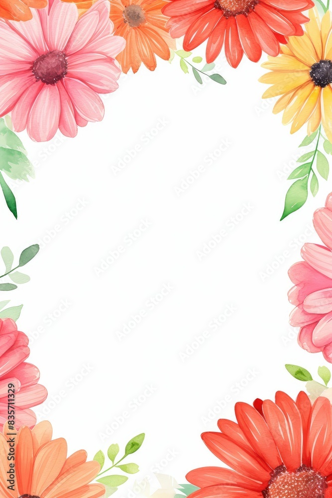 gerbera daisy themed frame or border for photos and text.in bright and cheerful colors. watercolor illustration, white color background. gerbera daisy themed frame or border for photos and text.in bright and cheerful colors. watercolor illustration, white color background.