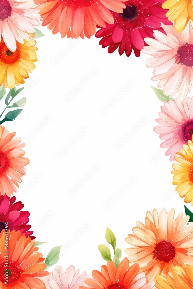 gerbera daisy themed frame or border for photos and text.in bright and cheerful colors. watercolor illustration, white color background. gerbera daisy themed frame or border for photos and text.in bright and cheerful colors. watercolor illustration, white color background.