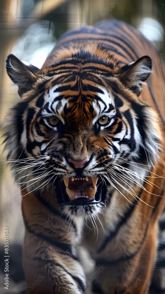 Fototapeta premium Fierce Tiger Face Portrait Baring Fangs