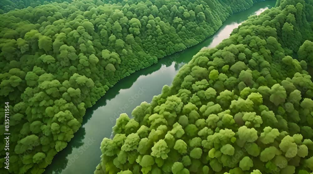 Top-down view of a winding river amidst the lush greenery of a tropical rainforest Top-down view of a winding river amidst the lush greenery of a tropical rainforest
