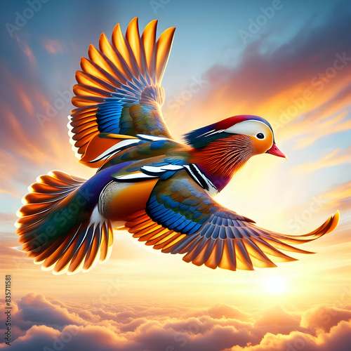 A very beautiful mandarin duck is flying and a beautiful view of the sunset is visible behind.