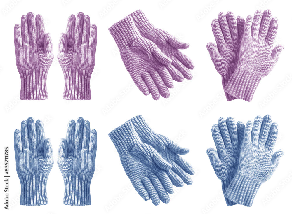 Obraz premium 2 Set of pastel light blue purple knit knitted woven wool fleece hand gloves, front and flat lay view on transparent cutout PNG file. Mockup template for artwork design