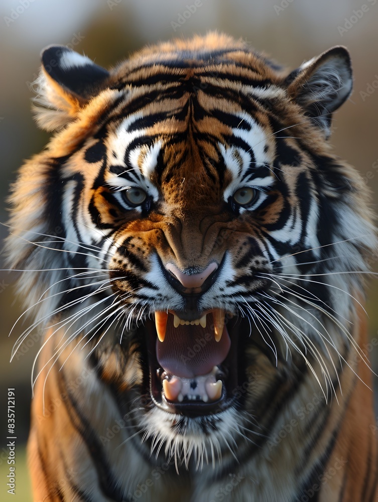 Fierce Tiger Baring Its Sharp Fangs in a Focused Portrait Fierce Tiger Baring Its Sharp Fangs in a Focused Portrait