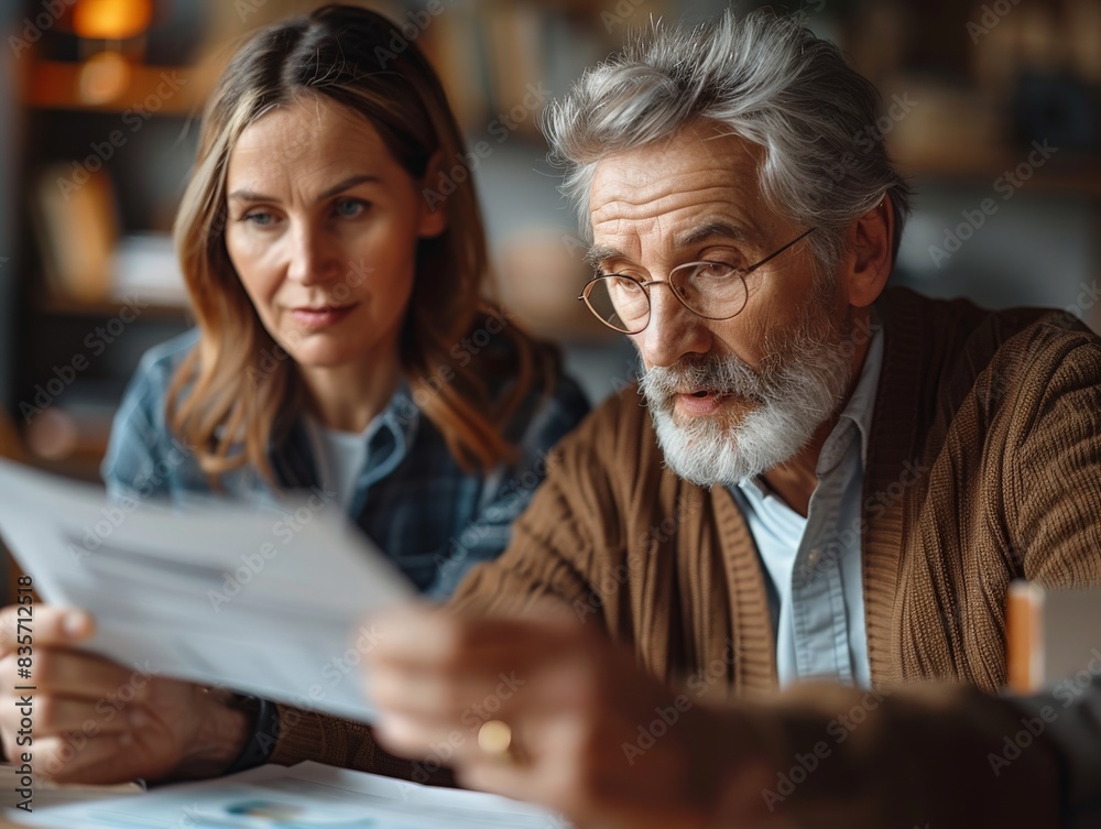 A close-up of a financial advisor's hands pointing at a retirement plan document, with the senior couple listening attentively. The minimalist setting emphasizes the detailed and strategic aspects of A close-up of a financial advisor's hands pointing at a retirement plan document, with the senior couple listening attentively. The minimalist setting emphasizes the detailed and strategic aspects of