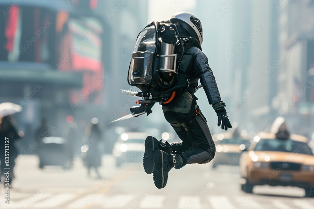 Man fly with Jetpack flight over busy city street: Portable device with jet propulsion for vertical takeoff. Man fly with Jetpack flight over busy city street: Portable device with jet propulsion for vertical takeoff.