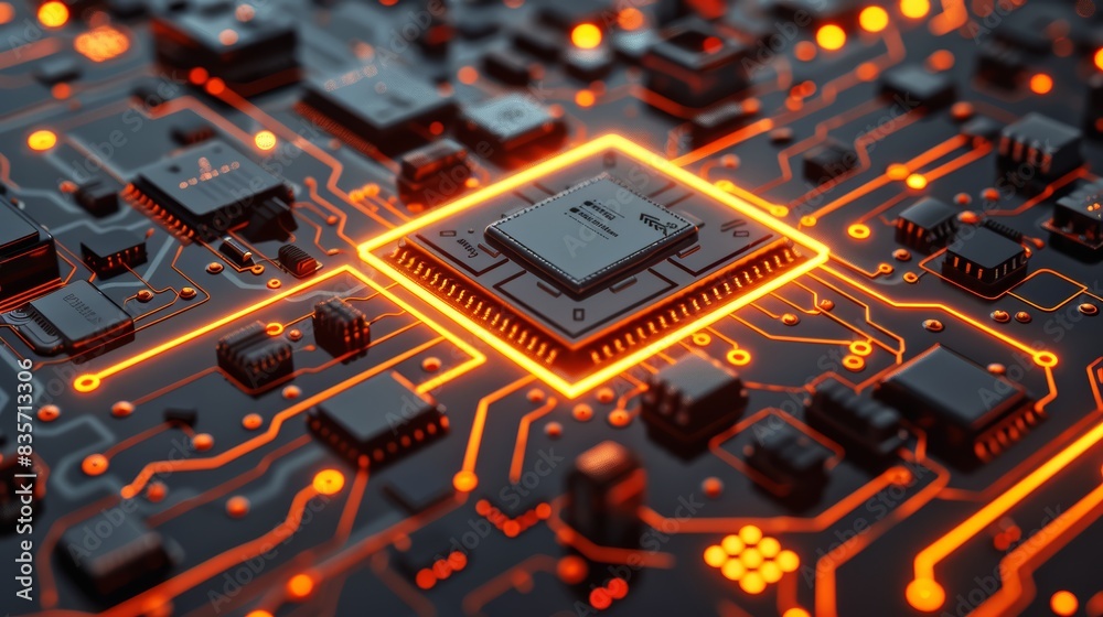3D rendering of a glowing neon circuit board with a chip and electronic components in a top view. Digital technology background concept. High tech futuristic illustration of microchips and electronic 3D rendering of a glowing neon circuit board with a chip and electronic components in a top view. Digital technology background concept. High tech futuristic illustration of microchips and electronic