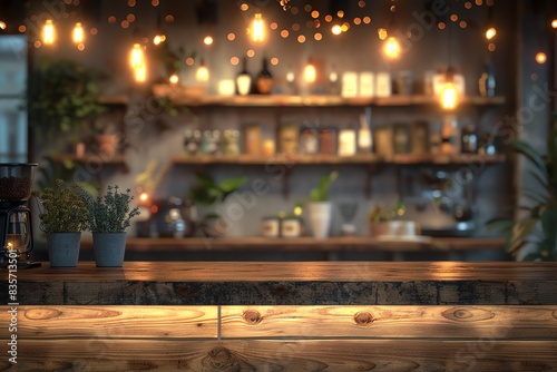 Warm and inviting coffee shop scene with a cozy shelf and table setup  perfect for decor  featuring a beautiful bokeh effect in the background