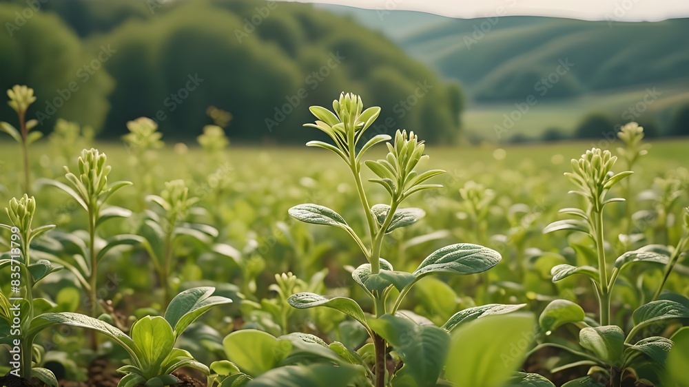 Amidst the beauty of the countryside, a young Withania plant can be seen growing in a field, exemplifying their dicotyledonous traits Amidst the beauty of the countryside, a young Withania plant can be seen growing in a field, exemplifying their dicotyledonous traits