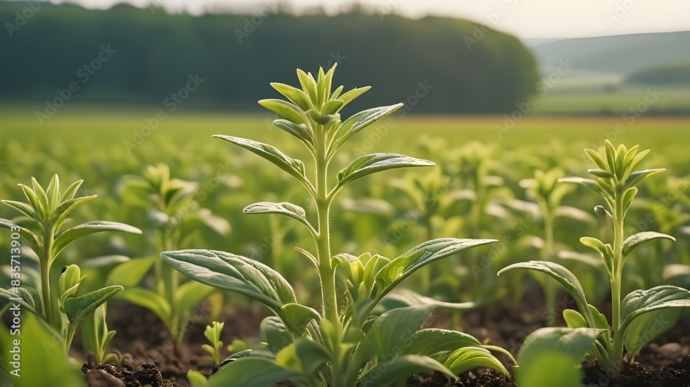Fototapeta premium Amidst the beauty of the countryside, a young Withania plant can be seen growing in a field, exemplifying their dicotyledonous traits