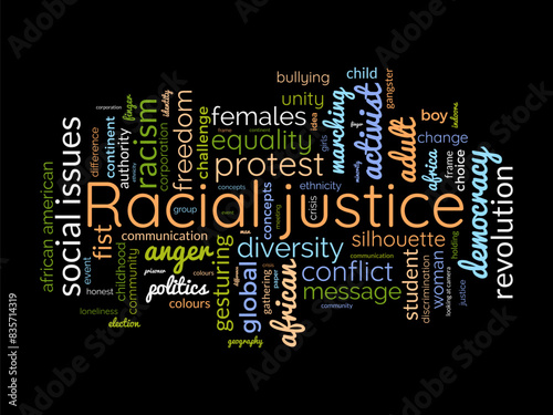 Racial justice word cloud template. Social issues concept vector tagcloud background.