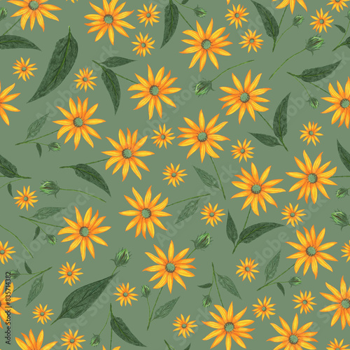 Topinambur Flower Seamless Pattern. Hand Drawn Floral Digital Paper on Green Background.