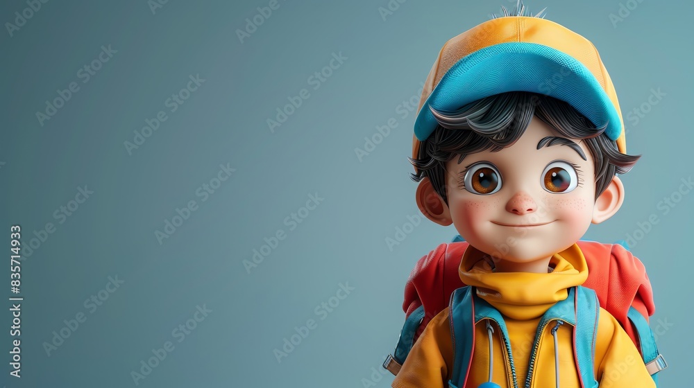 Adventurous cartoon boy with backpack ready for exploration, cheerful expression, wearing cap and yellow outfit. Adventurous cartoon boy with backpack ready for exploration, cheerful expression, wearing cap and yellow outfit.