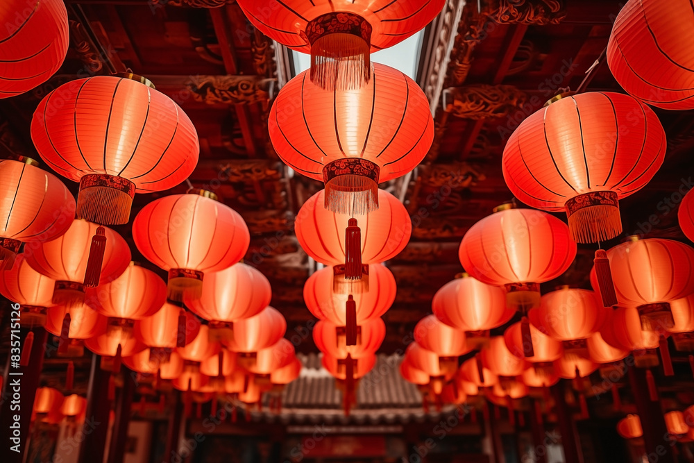 Fototapeta premium Red colorful chinese lanterns are lit inside a temple. Asia night light lit up decorations