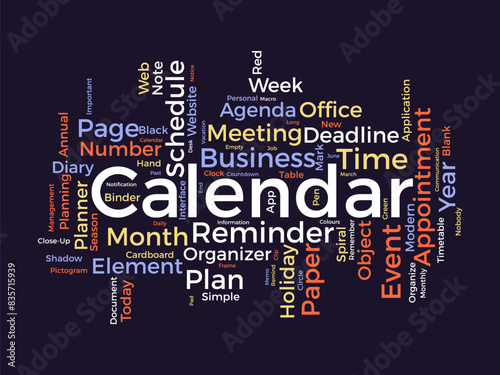 Calendar word cloud template. Diary planning concept vector tagcloud background.