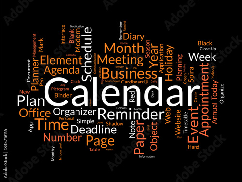 Calendar word cloud template. Diary planning concept vector tagcloud background.