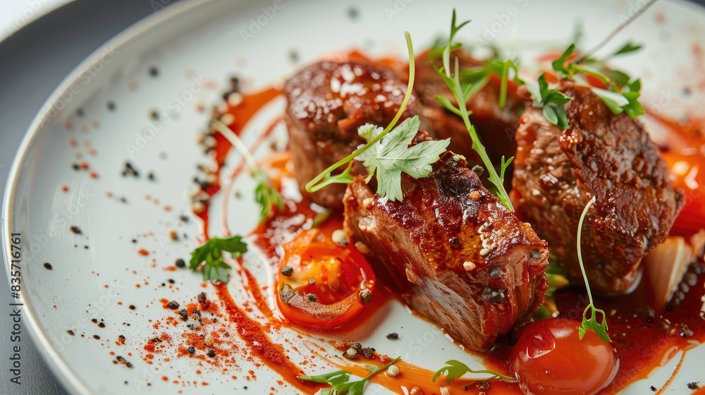 Plate with a tomato based meat entree