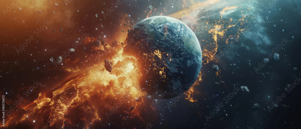 A massive asteroid approaching Earth, about to hit the planet's surface ...