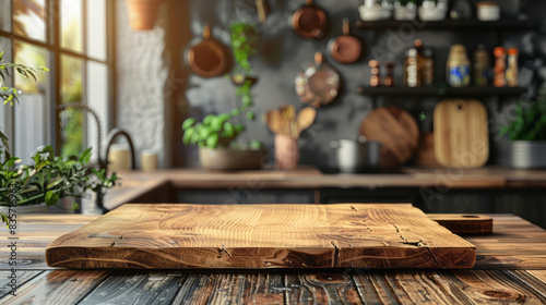 An empty wooden board on a kitchen table, with a blurred background of a modern interior design and cooking tools.