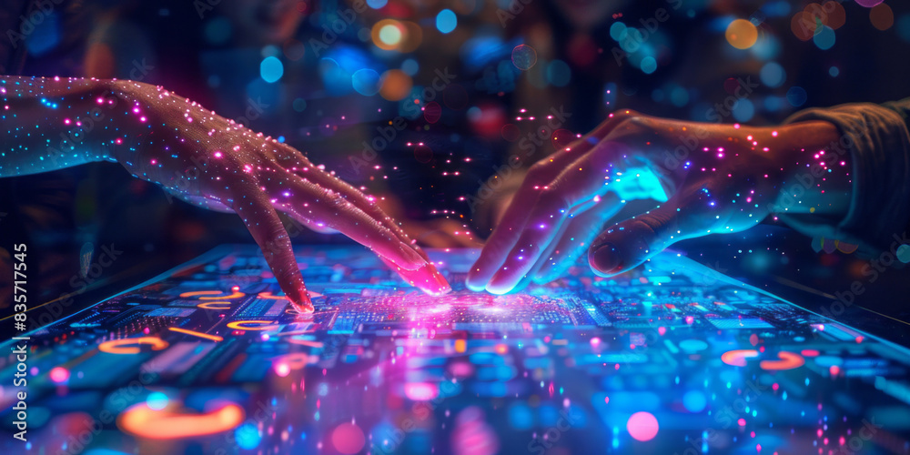 Two hands touching on top of a glowing table displaying data and marketing concepts, with business people in the background working together. Two hands touching on top of a glowing table displaying data and marketing concepts, with business people in the background working together.