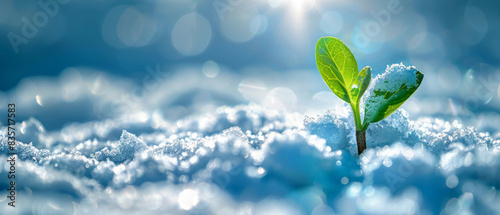 A small green sprout emerging from the ground, with white snow surrounding where it grows and sunlight shining through, set against a blue sky background. photo