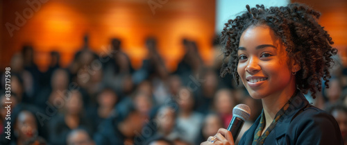 A woman with short curly hair wearing business attire, giving a presentation on stage while holding up her microphone and speaking to a large crowd. photo